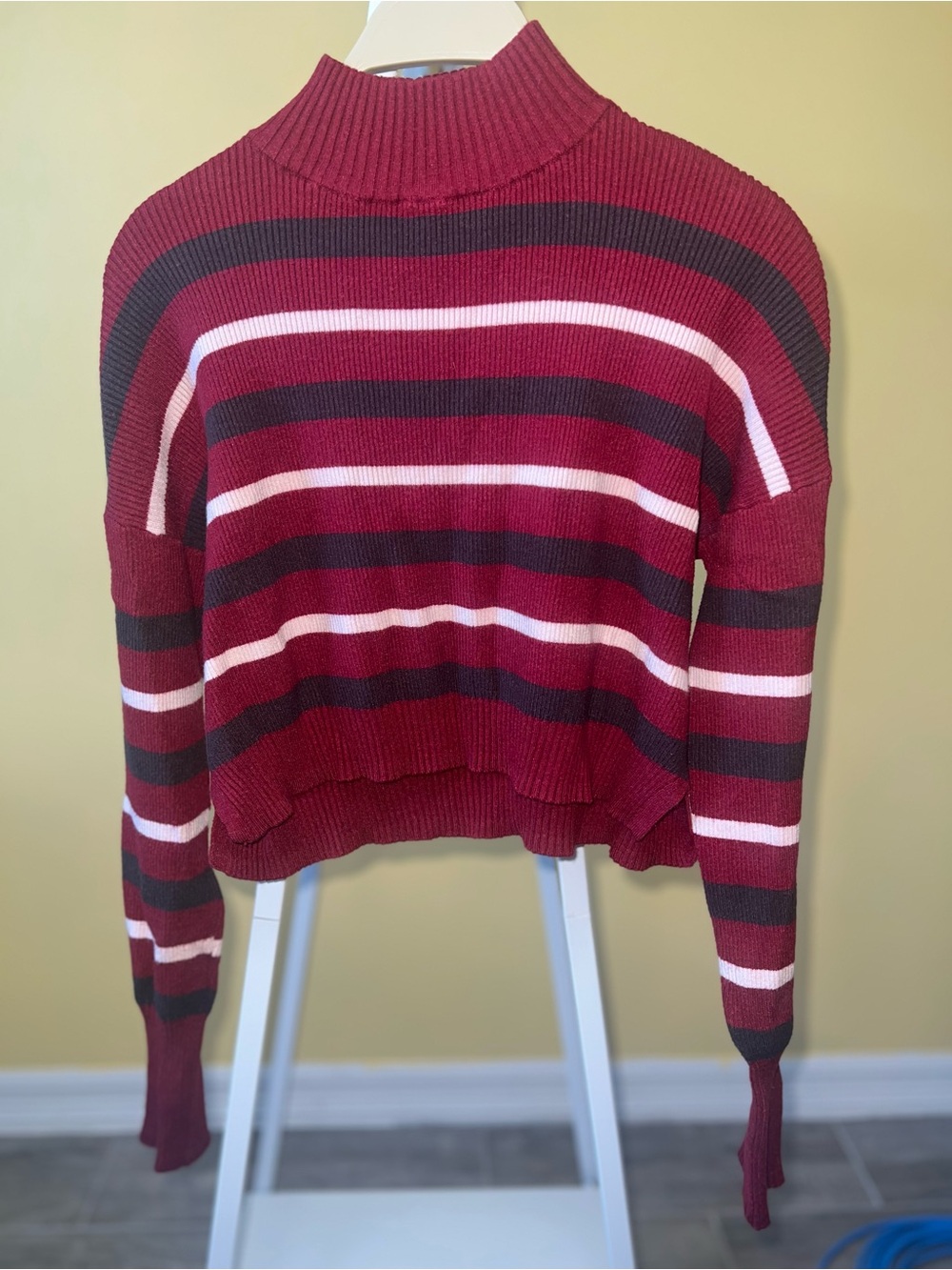 jcpenney Burgundy, Black & White Striped Cropped Turtleneck Sweater